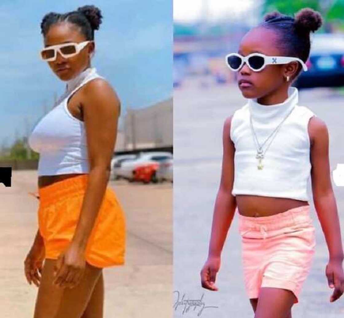 A photo collage of a little girl and Simi in similar outfits. A photo collage of a little girl and Simi in similar outfits.