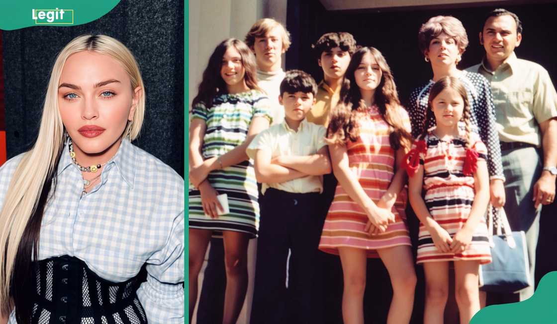 Madonna posing in a studio and with her parents and siblings