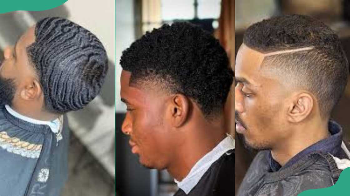 360 waves (L), Taper fade (C), Side-cut haircuts (R) 360 waves (L), Taper fade (C), Side-cut haircuts (R)