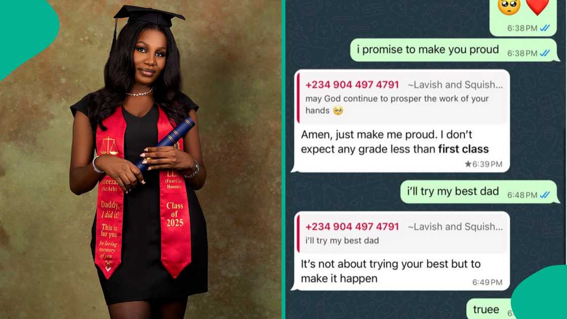 Lady makes her late father proud by graduating with a first-class degree. Lady makes her late father proud by graduating with a first-class degree.