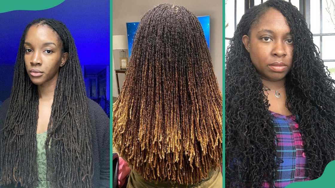 Extra long (L), ombre (C), and curly (R) sisterlocks