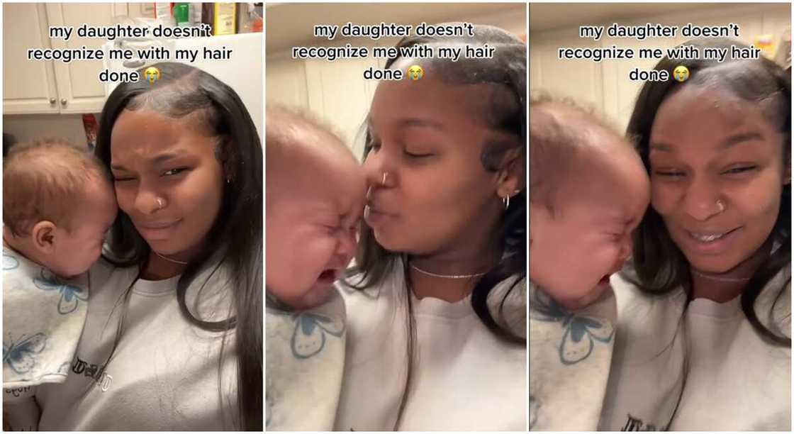 Photos of a baby criying on her mother's shoulder.