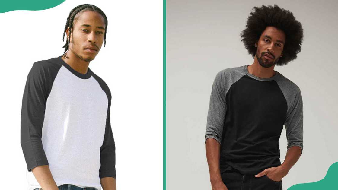 Men showcasing baseball tee shirts