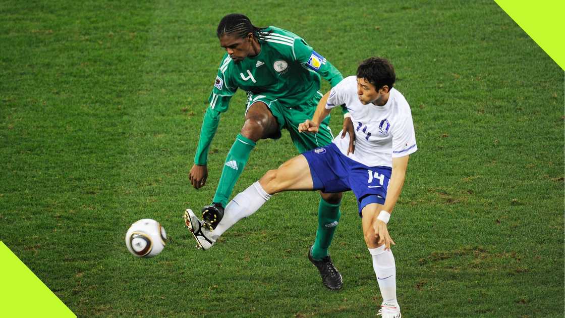 Nwankwo Kanu playing for Nigeria against South Korea at the 2010 FIFA World Cup in South Africa.