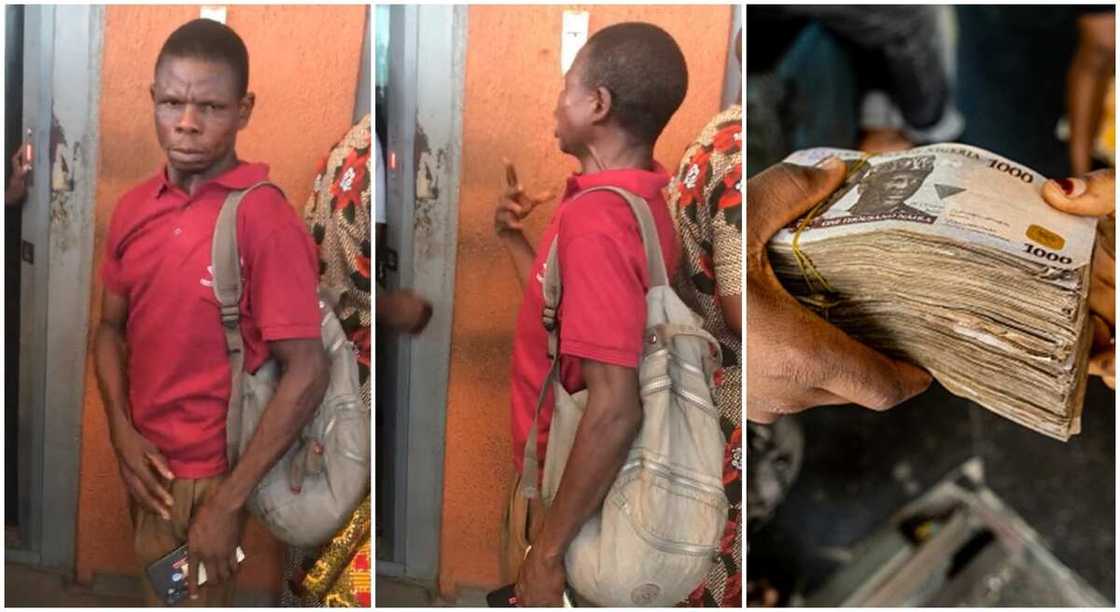 Photos of a man angry at commercial bank over Naira notes.