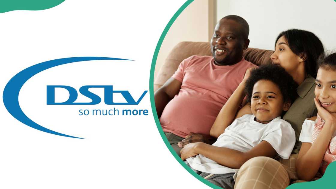 The DStv logo and a happy family of four is watching the TV