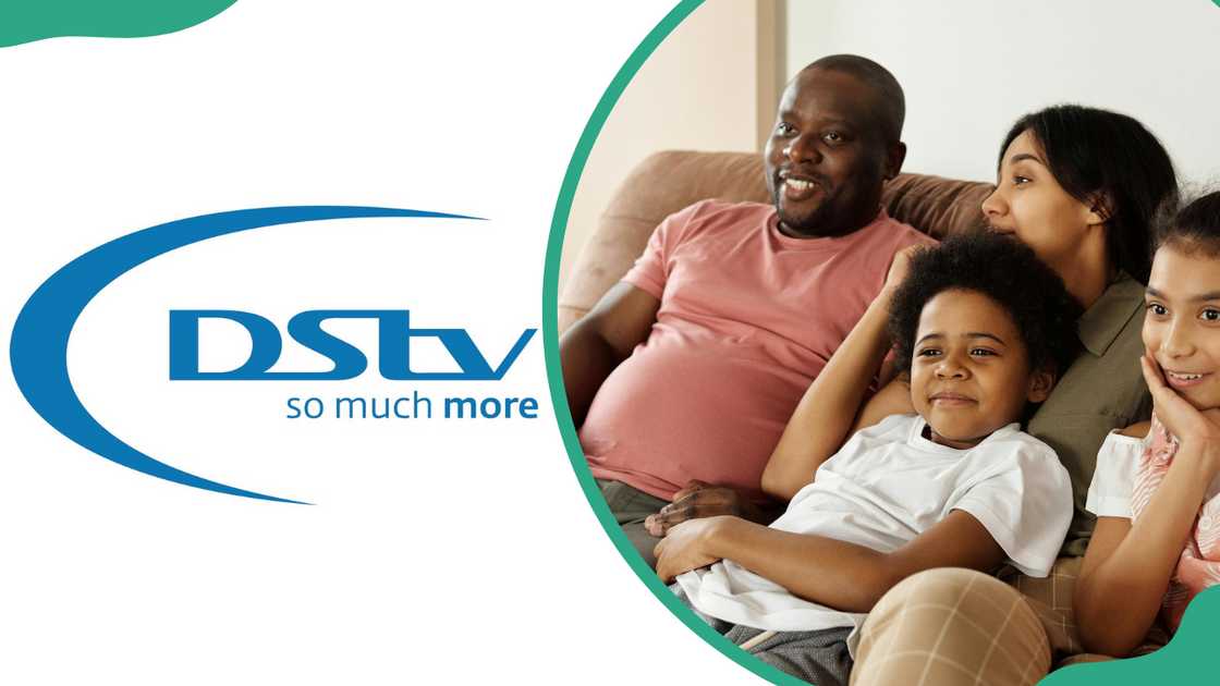 The DStv logo and a happy family of four is watching the TV The DStv logo and a happy family of four is watching the TV