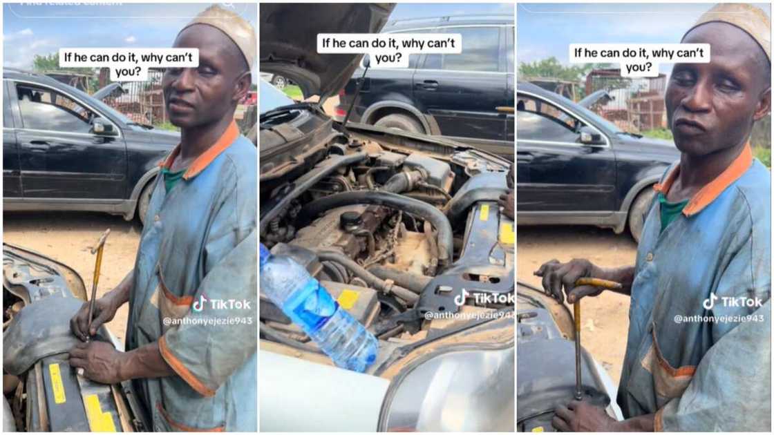 Blind mechanic with skills/Man fixed car. Blind mechanic with skills/Man fixed car.