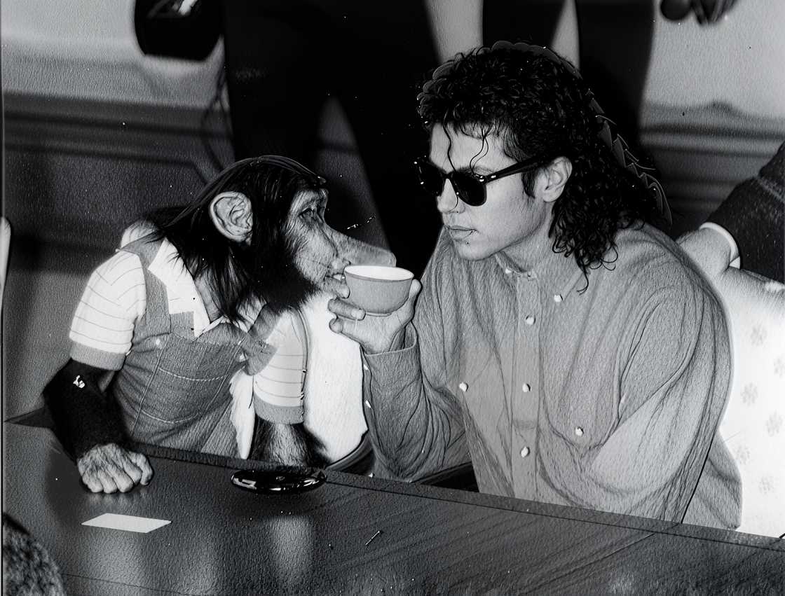 Singer Michael Jackson enjoys a cup of tea with his pet Bubble