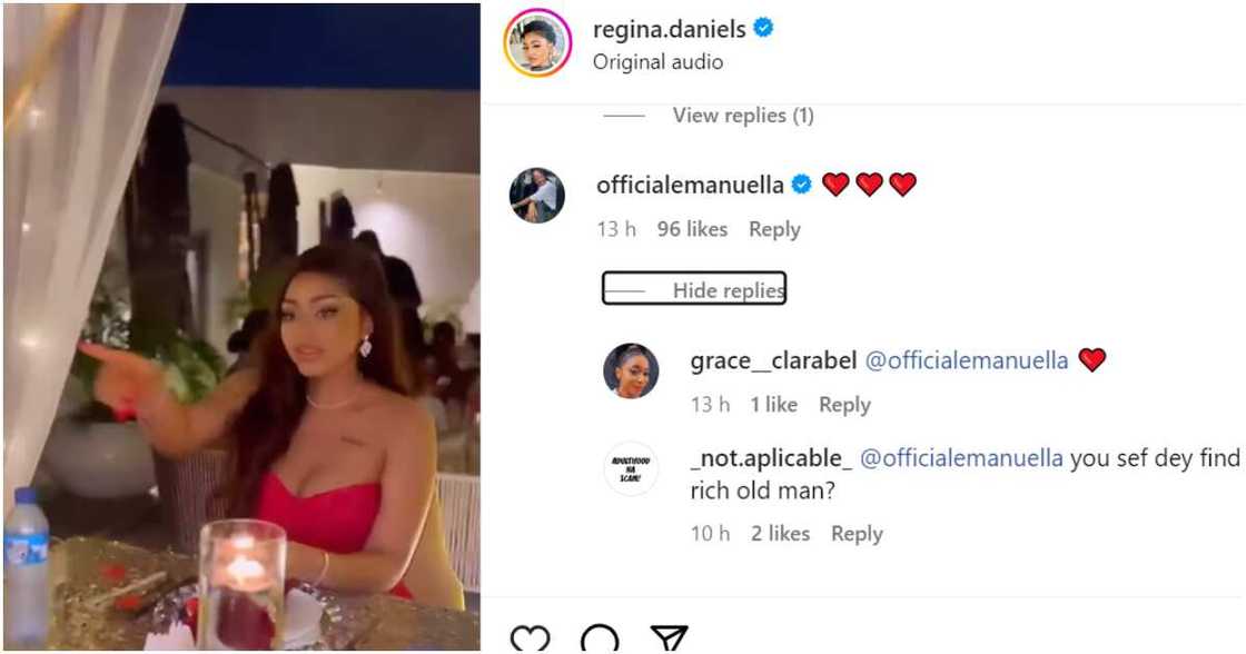 Screenshot of Emmanuella's comment on Regina Daniels' wedding anniversary video Screenshot of Emmanuella's comment on Regina Daniels' wedding anniversary video