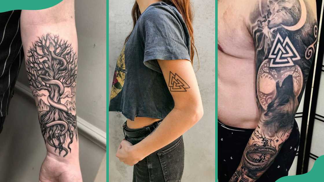 Yggdrasil (L), Valknut (C), and Norse Mythology (R) tattoos Yggdrasil (L), Valknut (C), and Norse Mythology (R) tattoos