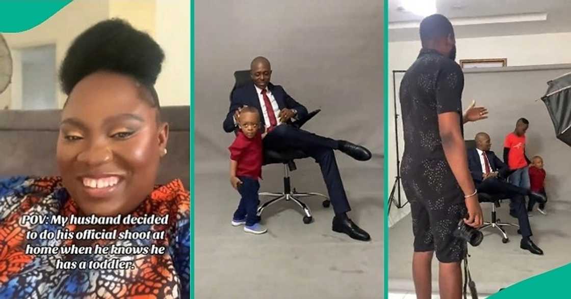 Little boy refuses to leave dad's side during photo shoot