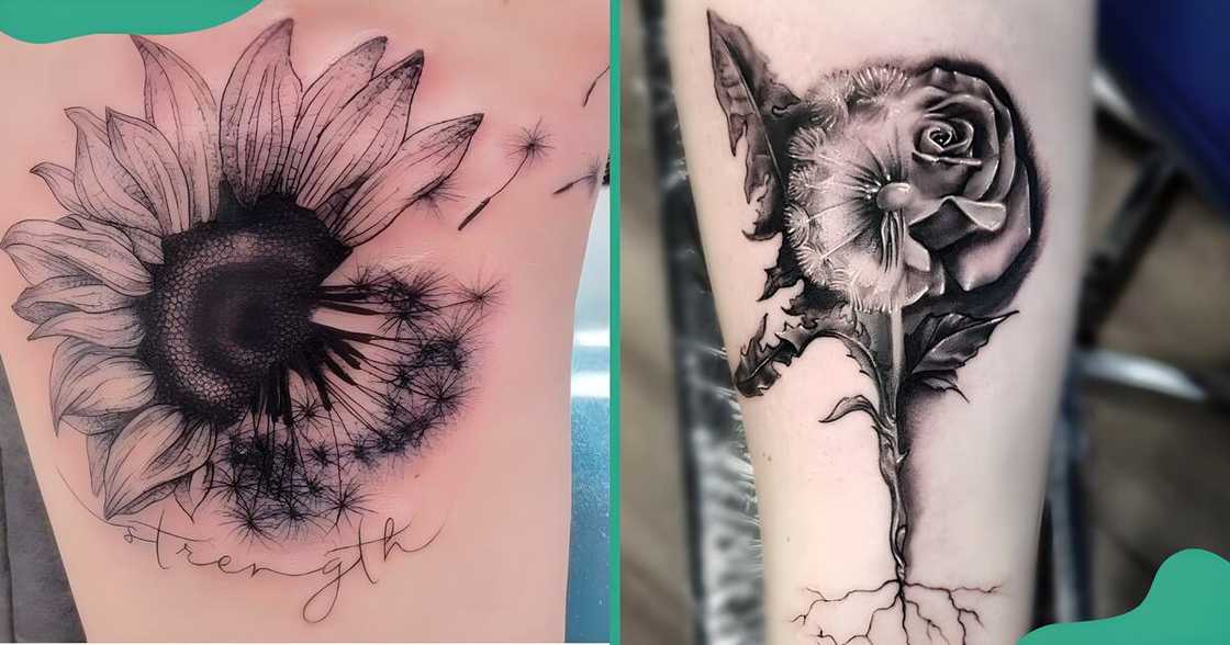 Combined dandelion tattoo designs with a sunflower (L) and a rose (R). Combined dandelion tattoo designs with a sunflower (L) and a rose (R).