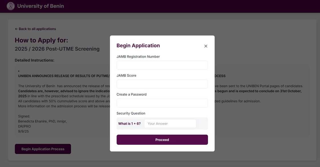 A screenshot of the UNIBEN Students Information System