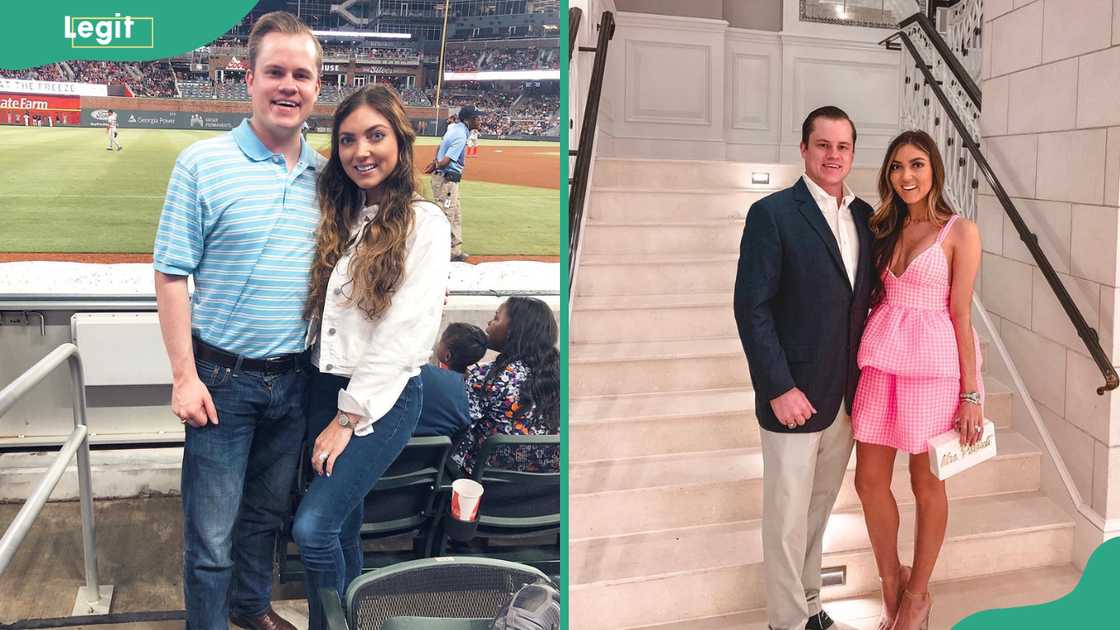 Jett Puckett and his wife attend a baseball game. The couple poses at a hotel.