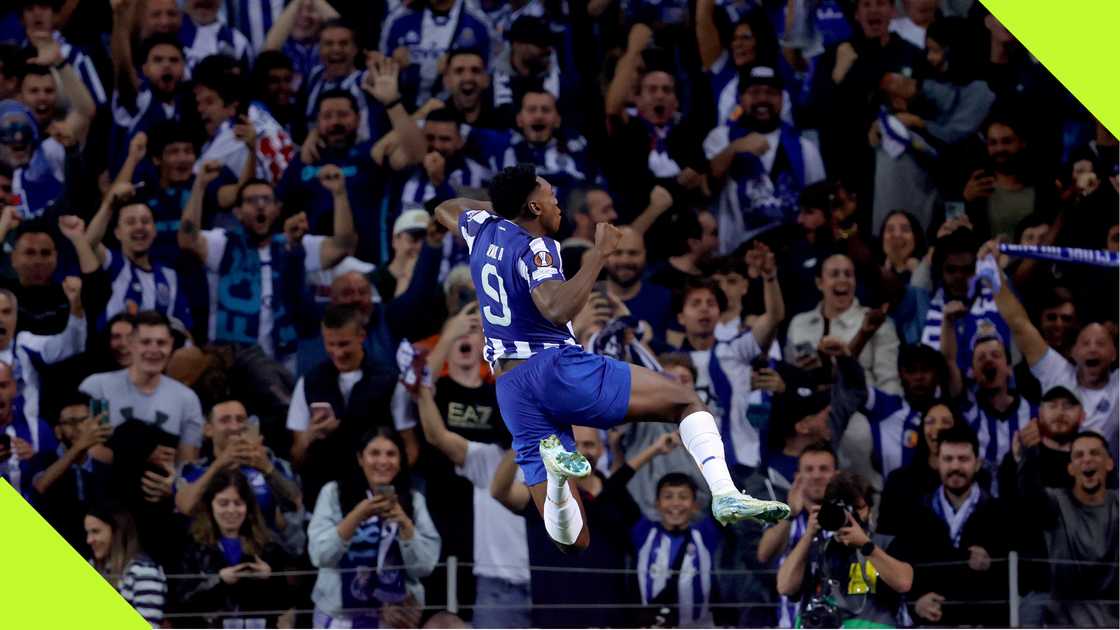 Samu Omorodion celebrates after scoring for FC Porto against Manchester United in the UEFA Europa League.