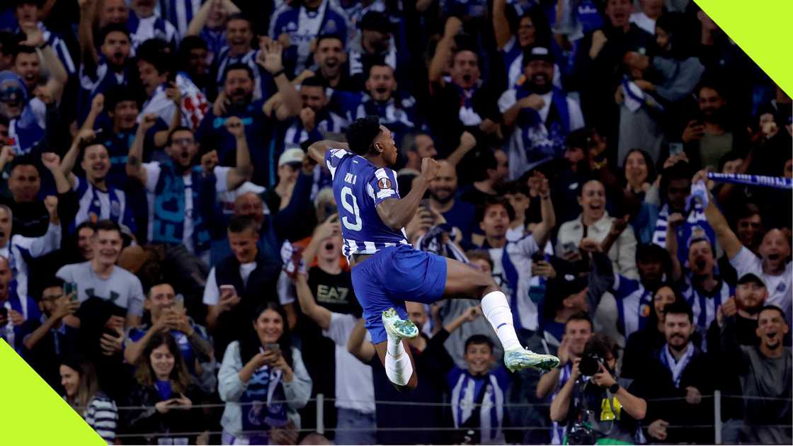 Samu Omorodion celebrates after scoring for FC Porto against Manchester United in the UEFA Europa League. Samu Omorodion celebrates after scoring for FC Porto against Manchester United in the UEFA Europa League.