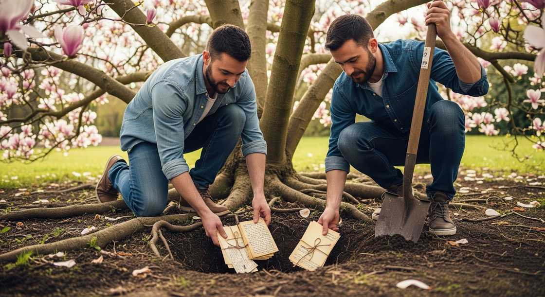 Two men burying letters under magnolia tree. Two men burying letters under magnolia tree.