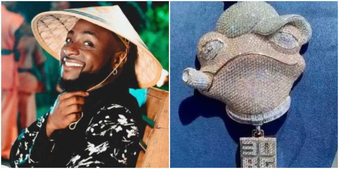 Compete with Davido at your own risk: Nigerians react as singer flaunts heavily studded frog-styled pendant Compete with Davido at your own risk: Nigerians react as singer flaunts heavily studded frog-styled pendant