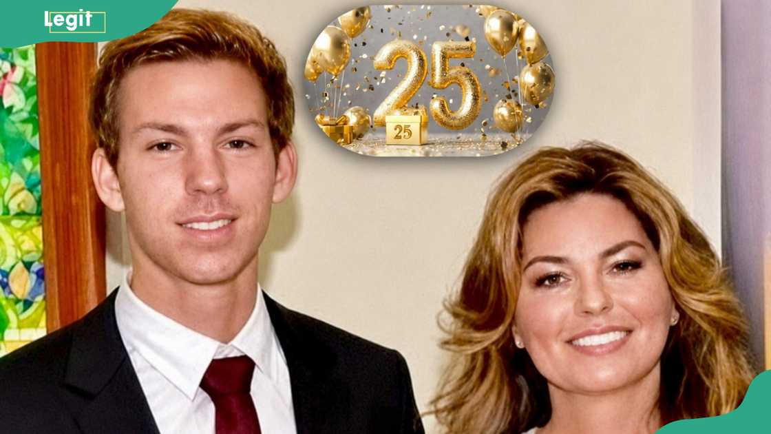 Eja Lange in a suit and red tie with his mother Shania Twain Eja Lange in a suit and red tie with his mother Shania Twain