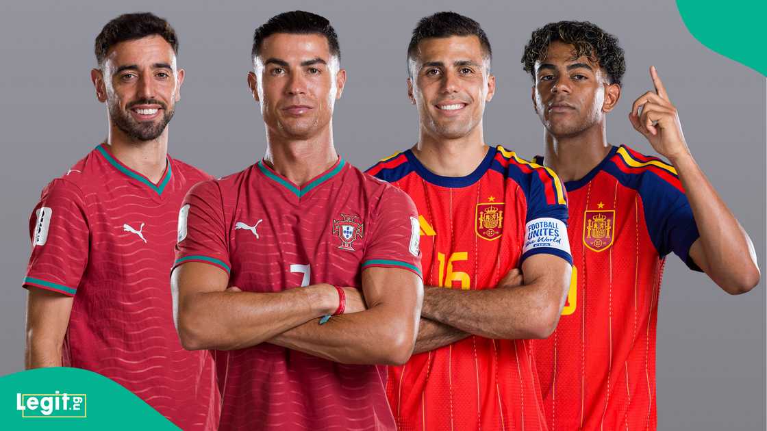 Illustration of Bruno Fernandes, Cristiano Ronaldo, Rodri and Lamine Yamal ahead of Portugal vs Spain. Photo by FIFA Illustration of Bruno Fernandes, Cristiano Ronaldo, Rodri and Lamine Yamal ahead of Portugal vs Spain. Photo by FIFA