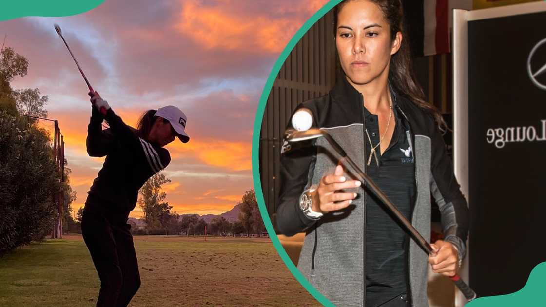 Tania Tare swinging a golf club during sunset (L). The golf influencer holding a golf club with a golf ball balanced on the club's face (R) Tania Tare swinging a golf club during sunset (L). The golf influencer holding a golf club with a golf ball balanced on the club's face (R)