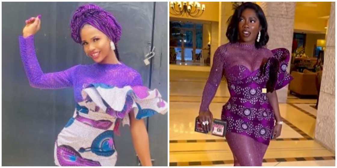 Photos of singer Tiwa Savage and another lady in same design. Photos of singer Tiwa Savage and another lady in same design.