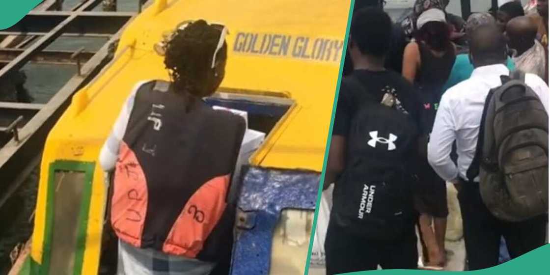 The lady was excited about the boat The lady was excited about the boat