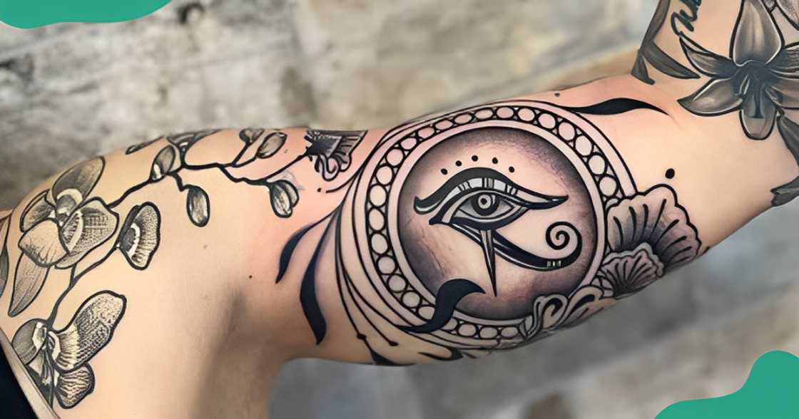 Eye of Horus tattoos in a black and grey colour theme on the inner bicep. Eye of Horus tattoos in a black and grey colour theme on the inner bicep.