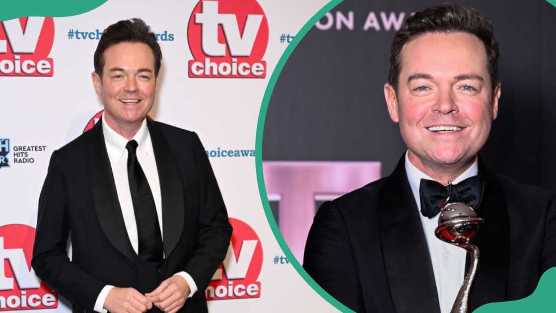 Stephen Mulhern attends the TV Choice Awards 2024 at the Hilton Park Lane (L). Stephen collects the Best TV Presenter award on behalf of Ant & Dec (R)