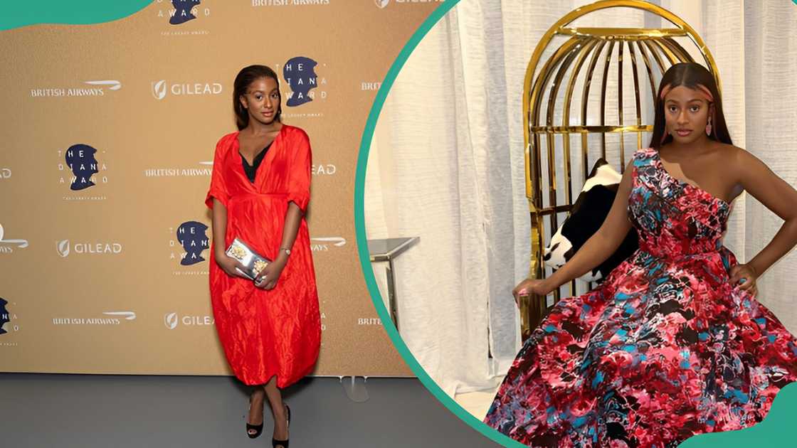 DJ Cuppy posing in a red dress with her legs crossed (L). The disc jockey posing while sitting (R)