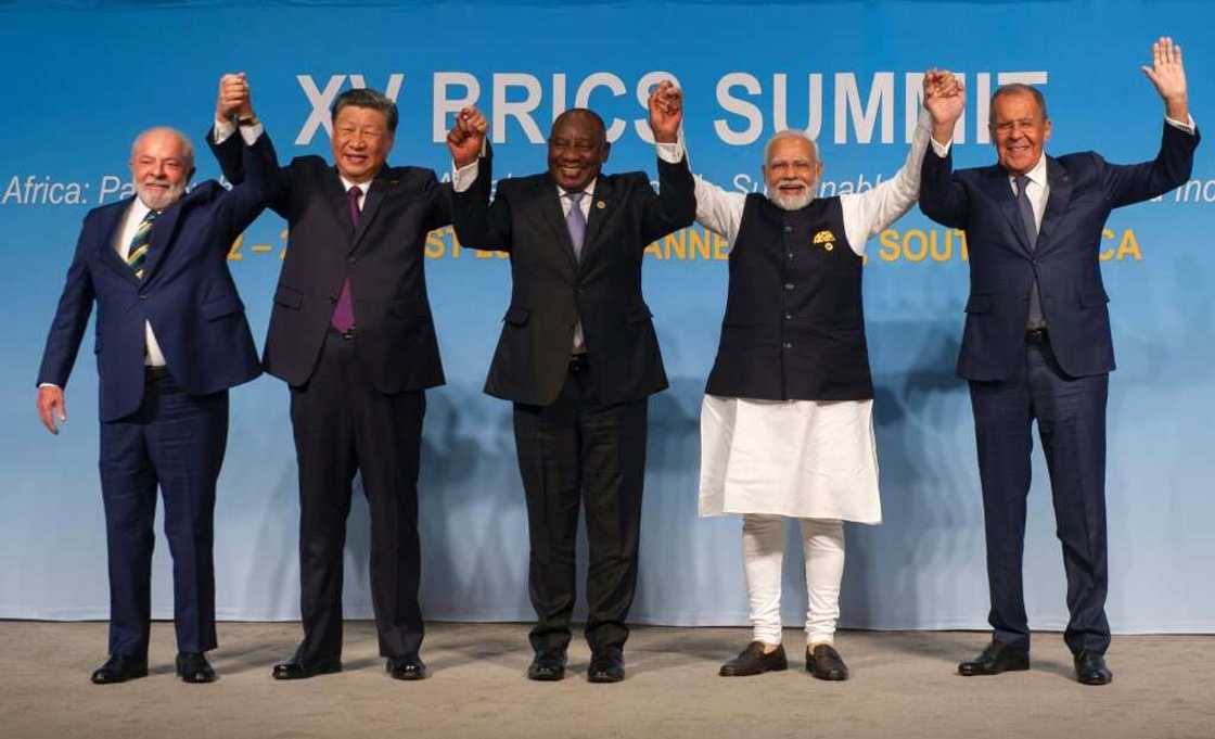 Summit photocall: From left, President Luiz Inacio Lula da Silva of Brazil; Chinese President Xi Jinping; South African President Cyril Ramaphosa; Prime Minister Narendra Modi of India; and Russian Foreign Minister Sergei Lavrov