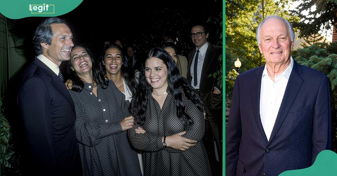 Alan Alda with daughters Elizabeth, Eve, and Beatrice in 1979; at the 2019 Telluride Film Festival.
