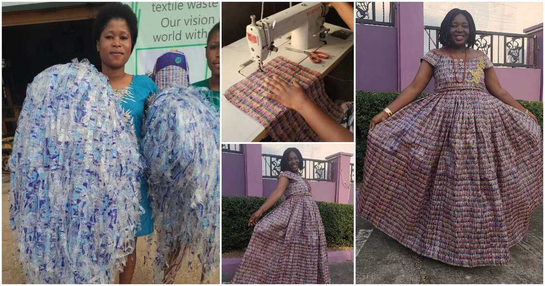 Sachet water wastes, dress, Nigerian lady, over 5k sachet water nylons Sachet water wastes, dress, Nigerian lady, over 5k sachet water nylons