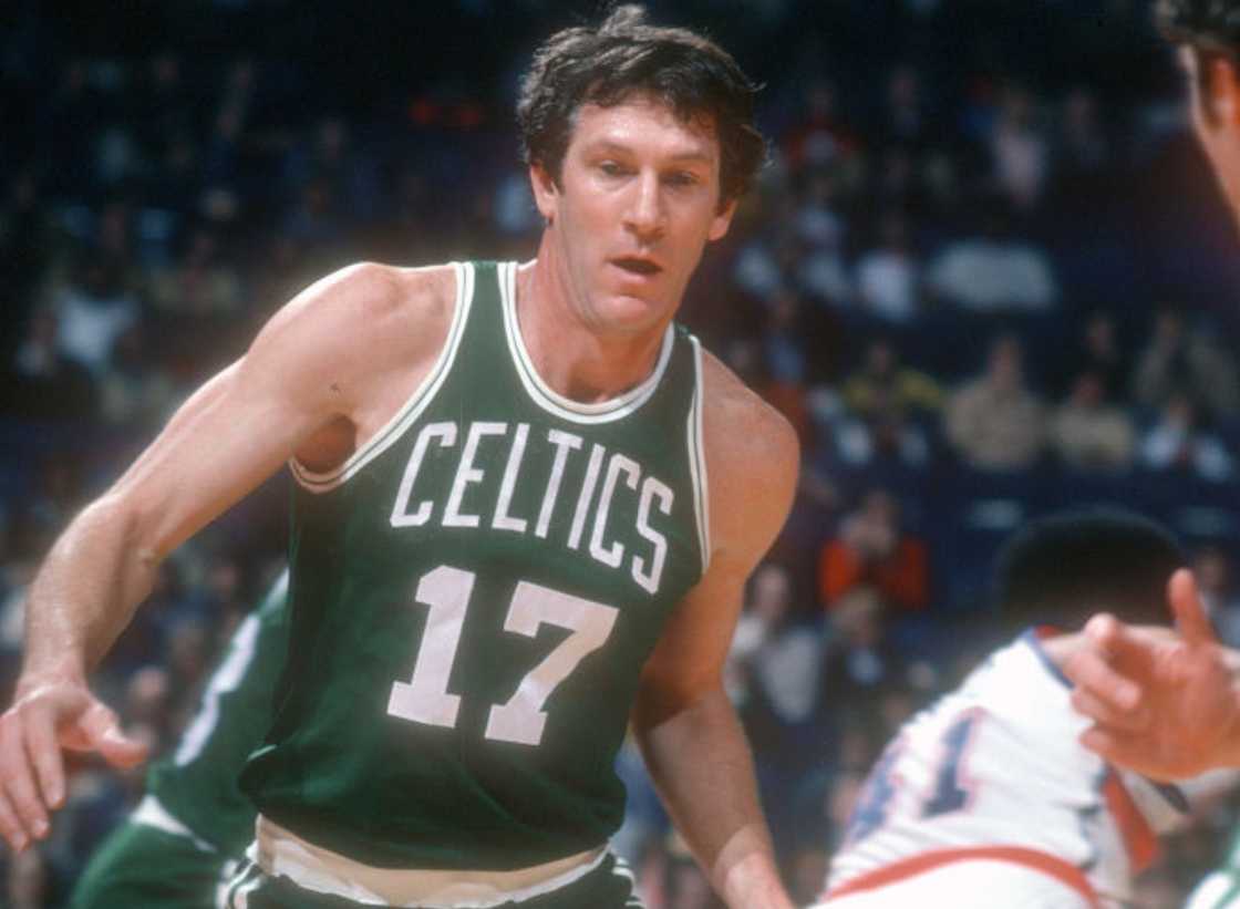 John Havlicek in action against the Washington Bullets during an NBA basketball game