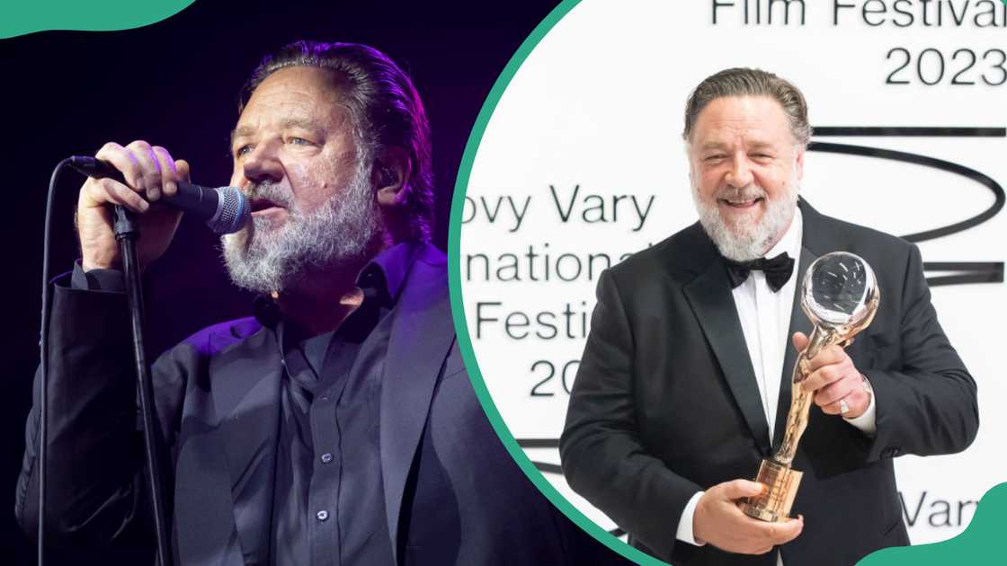 Russell Crowe performing on stage (L). The actor poses after receiving the Crystal Globe in 2023 (R)