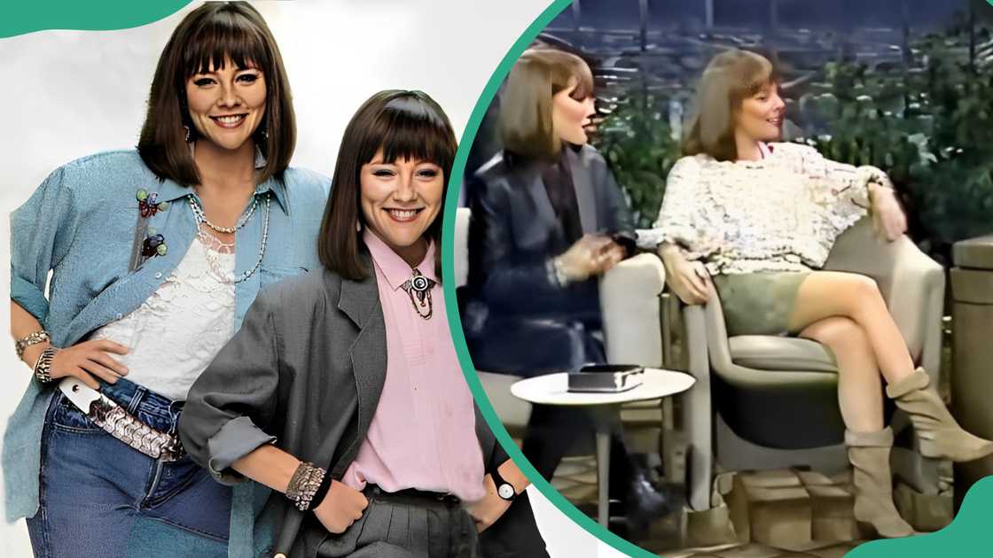 Katey Sagal's sisters are posing for a photo smiling (L) Jean & Liz Sagal on Johnny Carson show, 1984 (R) Katey Sagal's sisters are posing for a photo smiling (L) Jean & Liz Sagal on Johnny Carson show, 1984 (R)