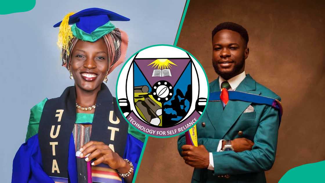 Female graduate posing for a photo (L), FUTA logo (C) and a male graduate posing for a photo (R)