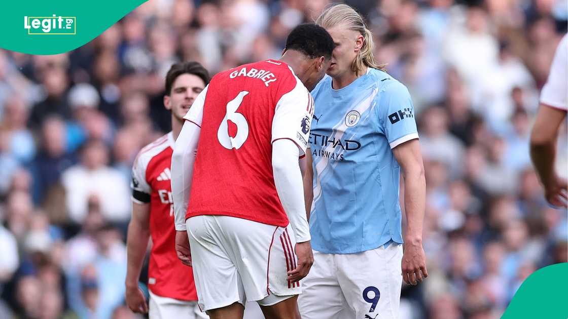 Gabriel Magalhaes clashing with Erling Haaland at Etihad Stadium on April 19, 2026. Photo by Alex Livesey