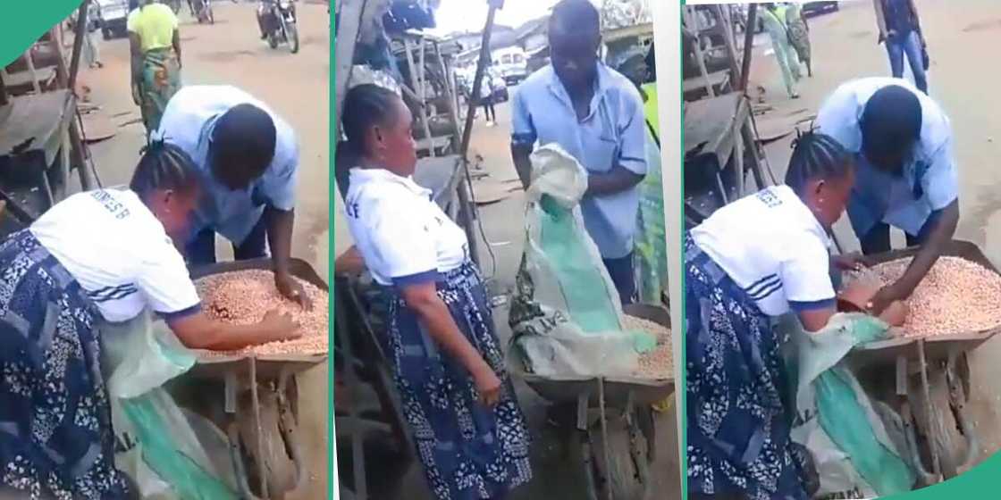 Customer attempts to cheat groundnut seller. Customer attempts to cheat groundnut seller.