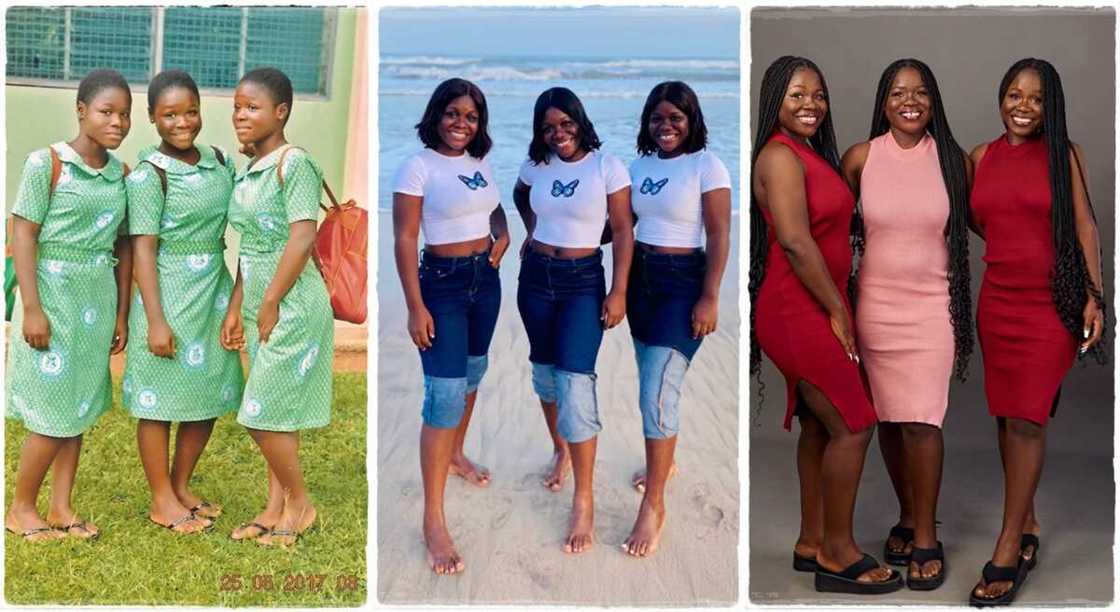 Photos of three lady who are triplets.