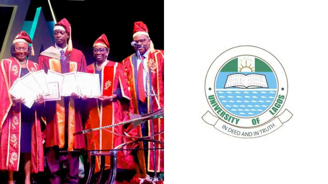 University of Lagos graduates on their convocation ceremony and the institution's logo University of Lagos graduates on their convocation ceremony and the institution's logo