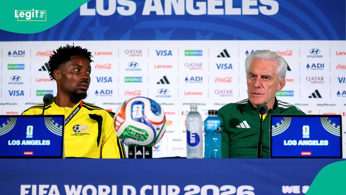 Head coach Hugo Broos and Ime Okon during a press conference ahead of the FIFA World Cup 2026 Round Of 32 match between Canada and South Africa. Photo by Harry How Head coach Hugo Broos and Ime Okon during a press conference ahead of the FIFA World Cup 2026 Round Of 32 match between Canada and South Africa. Photo by Harry How