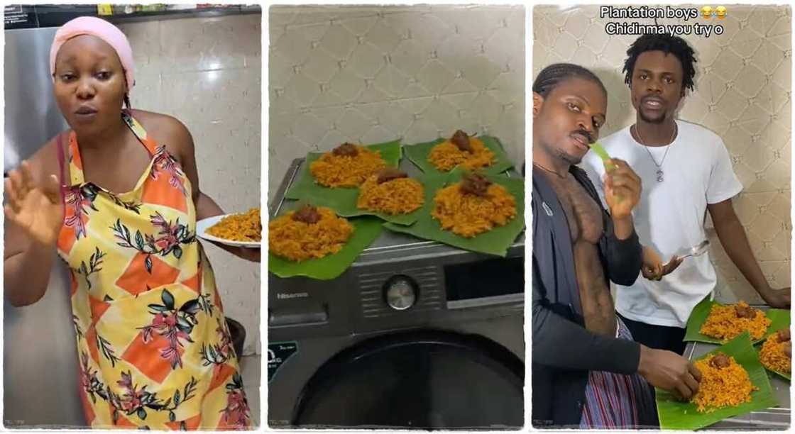 Lady serves her brothers jollof rice, jollof rice in plantain leaves.