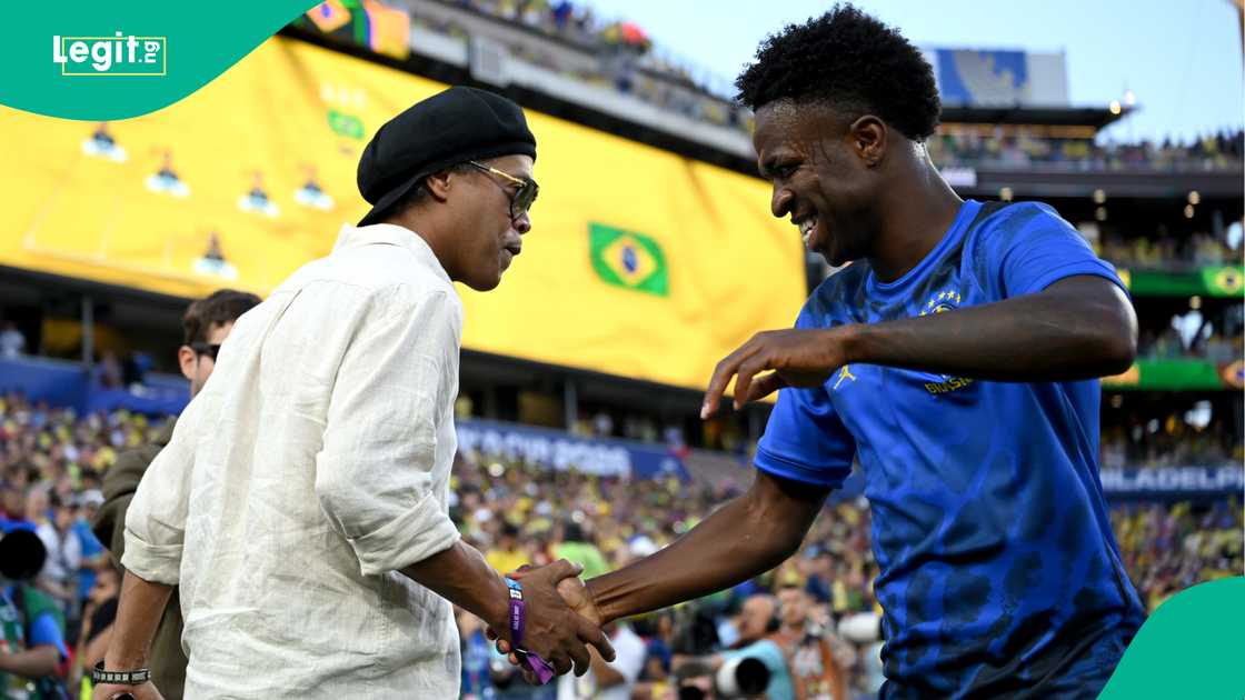 Ronaldinho interacts with Vinicius Junior ahead of Brazil and Haiti 2026 World Cup match. Photo by Shaun Botterill Ronaldinho interacts with Vinicius Junior ahead of Brazil and Haiti 2026 World Cup match. Photo by Shaun Botterill