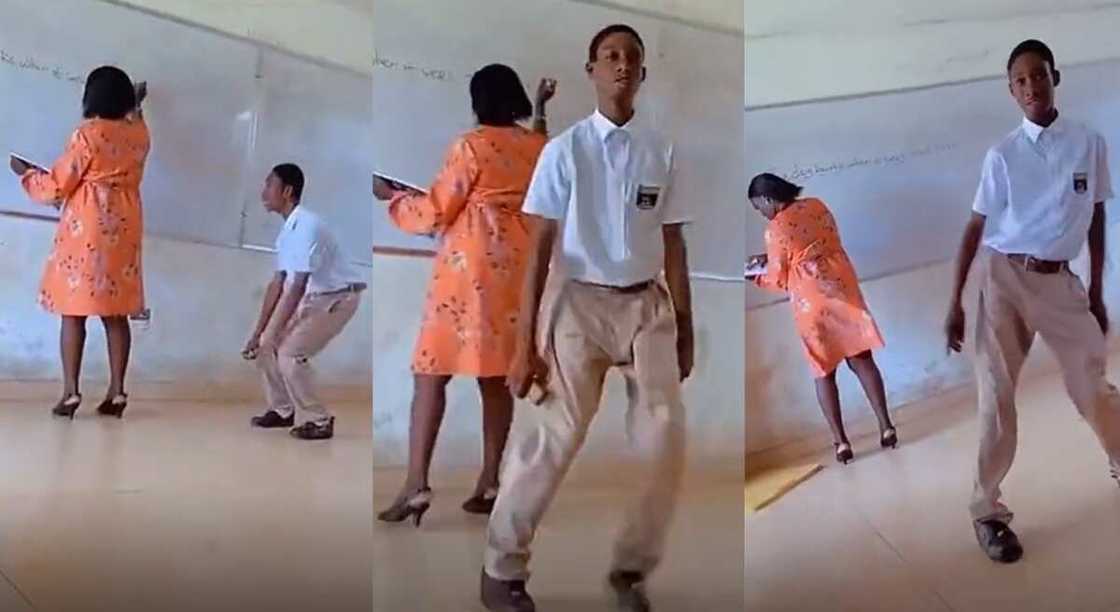 Photos of a student dancing in the class while a teacher was around. Photos of a student dancing in the class while a teacher was around.