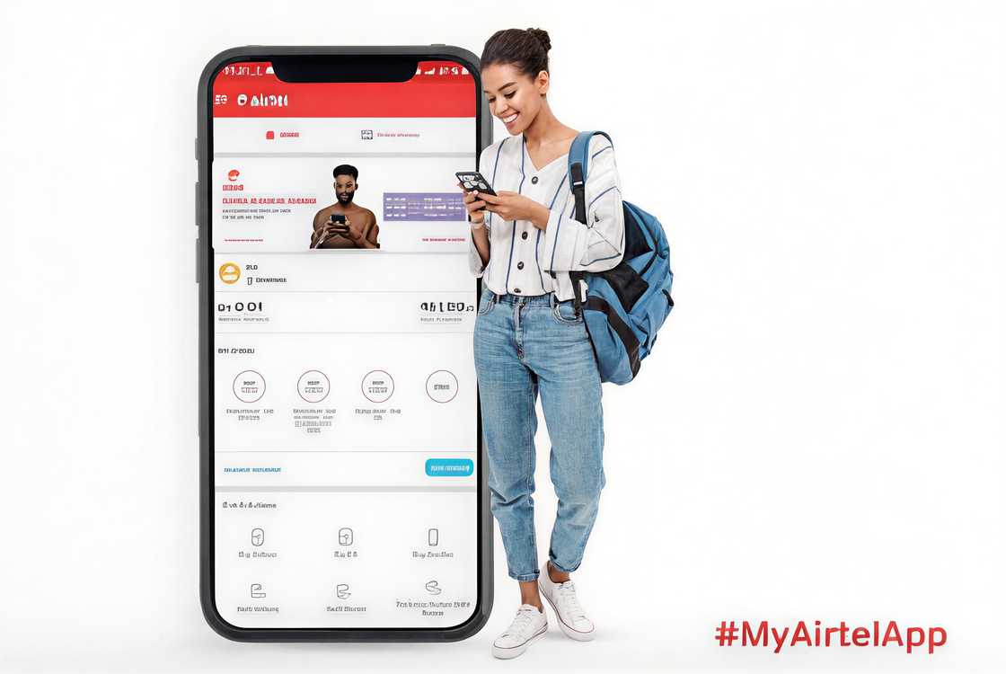 An advertisement for an Airtel mobile application showing a young woman standing while looking at her smartphone screen beside a display of the user interface of the My Airtel App An advertisement for an Airtel mobile application showing a young woman standing while looking at her smartphone screen beside a display of the user interface of the My Airtel App