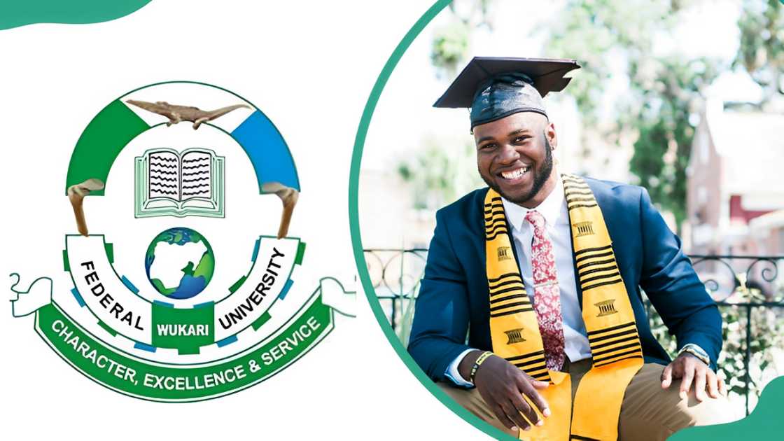 Federal University Wukari logo and a male student in a graduation cap