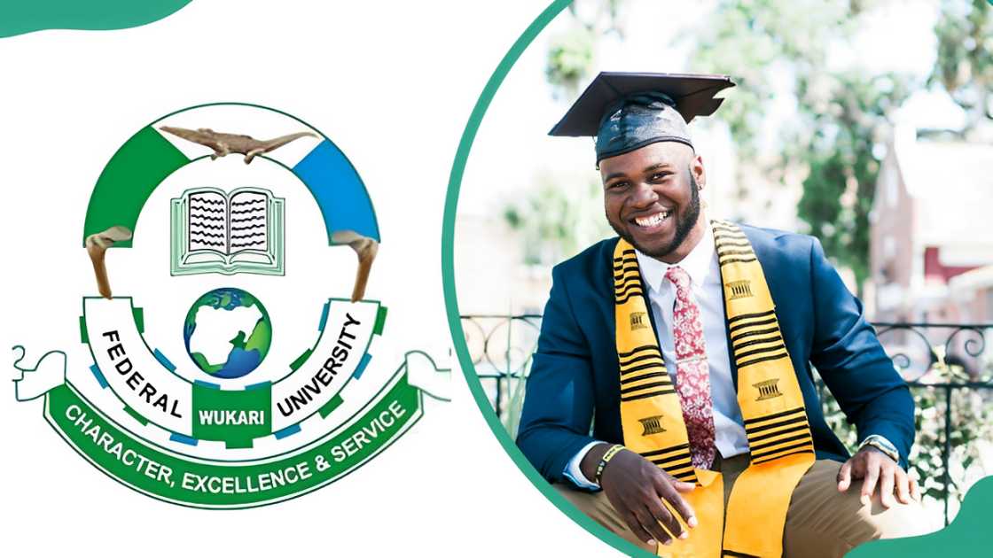 Federal University Wukari logo and a male student in a graduation cap Federal University Wukari logo and a male student in a graduation cap