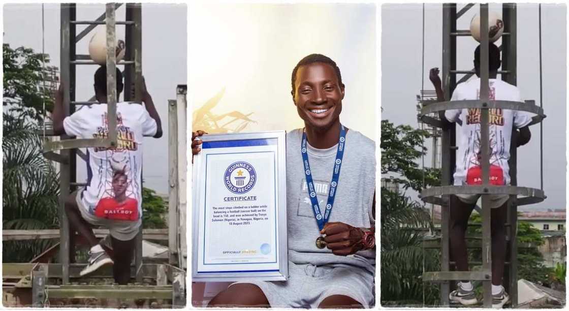 Nigerian man sets new world record by placing football on his head in Yenagoa.